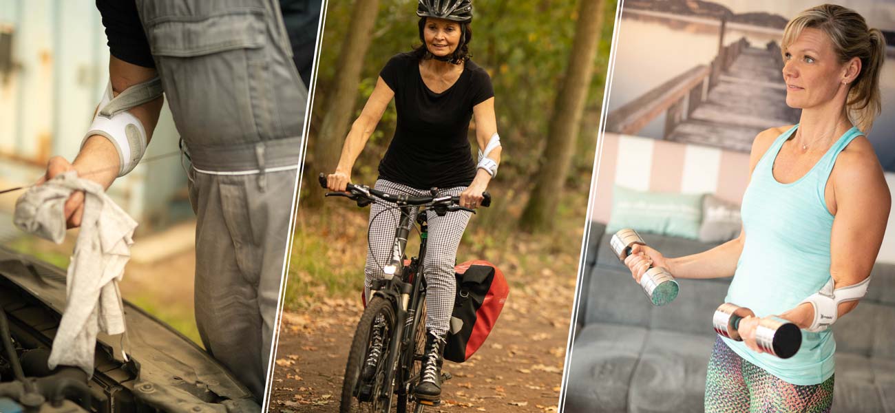 Masalo manchet tegen tenniselleboog wordt in een collage gedragen door een fietser, tijdens het stofzuigen en tijdens het sporten